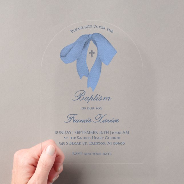 Invitations En Acrylique watercolor blue bow Baptism (In situ (ordinateur de poche))