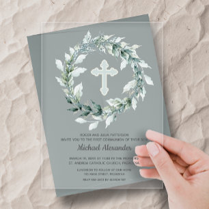Invitations En Acrylique Watercolor Wreath Croix Bleue Première communion