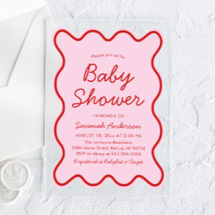 Invitations En Acrylique Wavy Moderne Curvy Retro Baby shower rose et rouge