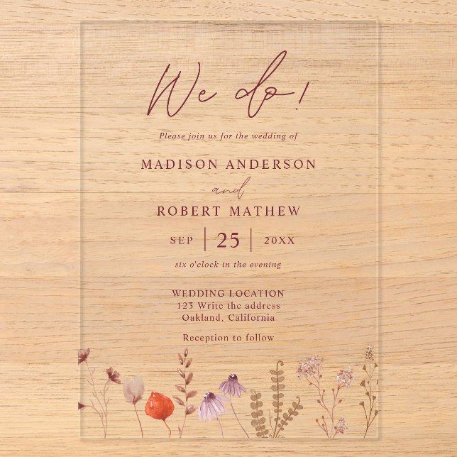 Invitations En Acrylique We Do! Boho Botanical Rustic Wildflower Wedding (Recto)