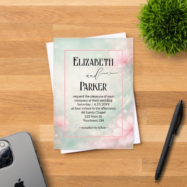 Invitations En Acrylique Wedding Soft Pink Flowers on Mint Green (Insitu (Carte d'invitation))