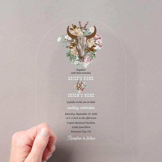 Invitations En Acrylique Western Country Cowboy Boho Cow Mariage crâne (In situ (ordinateur de poche))
