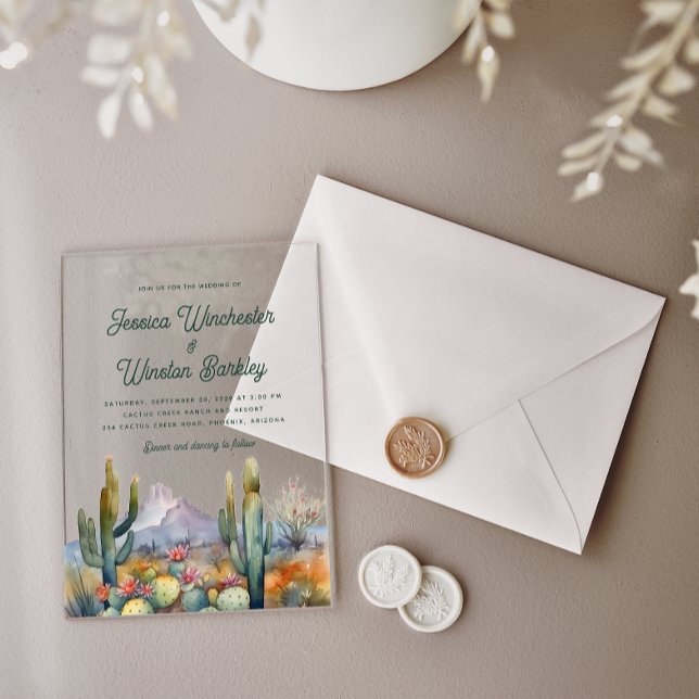 Invitations En Acrylique Western Turquoise Vert Désert Cactus Paysage (Créateur téléchargé)