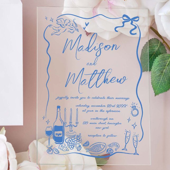 Invitations En Acrylique Whimsical Hand Drawn Illustrations Doodles Wedding (Créateur téléchargé)
