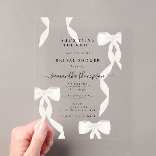 Invitations En Acrylique White Bow She's Tying the Knot Fête des mariées Pa