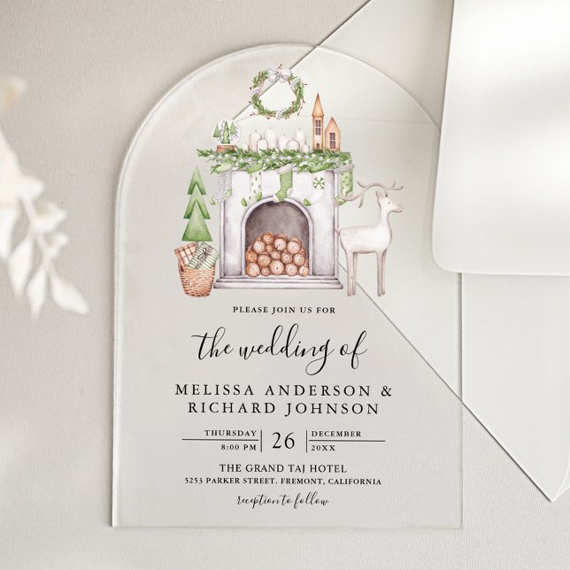 Invitations En Acrylique White Christmas Fireplace Wedding (Créateur téléchargé)