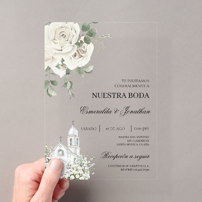 Invitations En Acrylique White Floral Spanish church Wedding acrylic (In situ (ordinateur de poche))