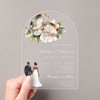 Invitations En Acrylique White Floral with ring Wedding