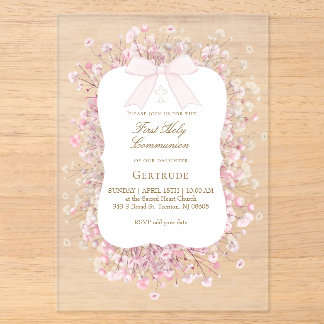 Invitations En Acrylique white pink baby's breath flowers First Communion