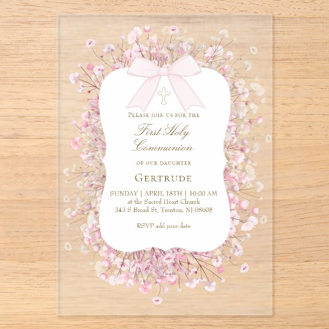 Invitations En Acrylique white pink baby's breath flowers First Communion (Recto)