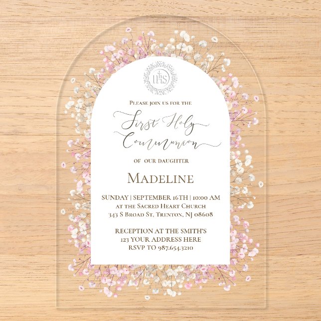 Invitations En Acrylique white pink flowers First Holy Communion (Recto)