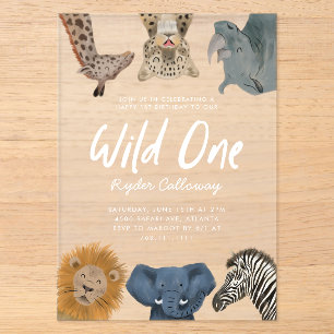 Invitations En Acrylique Wild One Safari Animaux Garçon fête d'anniversaire