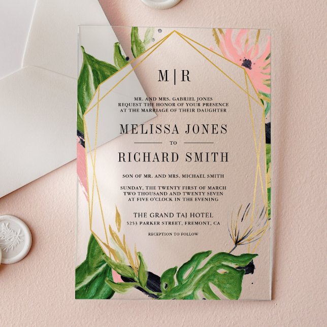 Invitations En Acrylique Wild Tropical Gold Pink Floral Wedding (Créateur téléchargé)