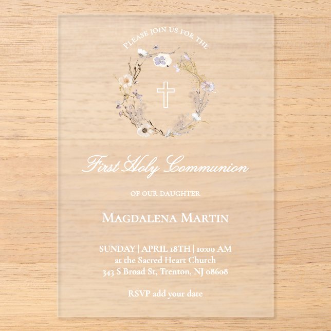 Invitations En Acrylique wildflowers wreath First Holy Communion girl (Recto)