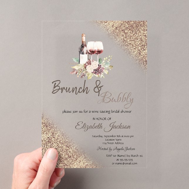 Invitations En Acrylique Wine Grapes Glitter Bokeh Brunch & Bubbly  (In situ (ordinateur de poche))