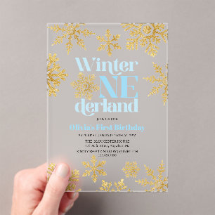 Invitations En Acrylique Winter Onederland Blue Gold Snowflake 1er annivers