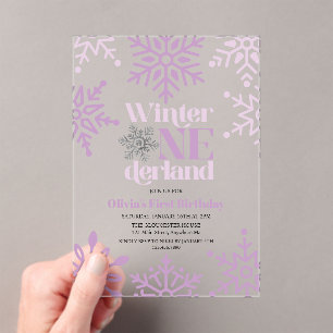 Invitations En Acrylique Winter Onederland flocon de neige violet 1er anniv