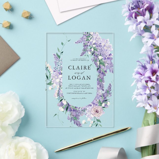 Invitations En Acrylique Wisteria Wreath Dusty Purple Mariage d'aquarelle (Insitu (Mariage))
