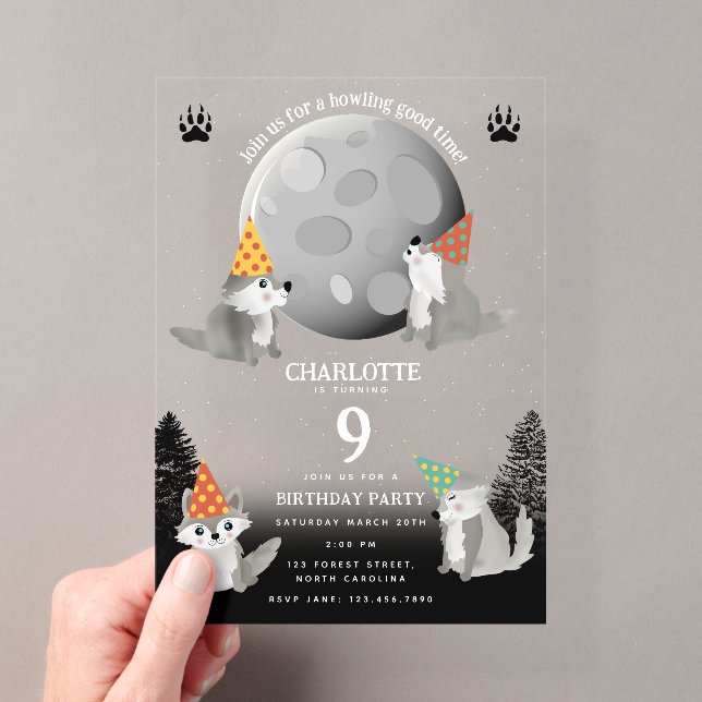 Invitations En Acrylique Wolf Pack Woodland Moon Howling Birthday Party (In situ (ordinateur de poche))
