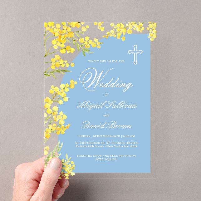 Invitations En Acrylique Yellow Flowers Light Blue Arch Religious Wedding (In situ (ordinateur de poche))