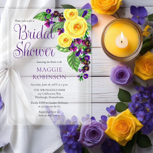 Invitations En Acrylique Yellow Roses | Violets Boho Floral Bridal Shower (Elegant Yellow Roses and Purple Violets Boho Floral Bridal Shower Acrylic Invitation)