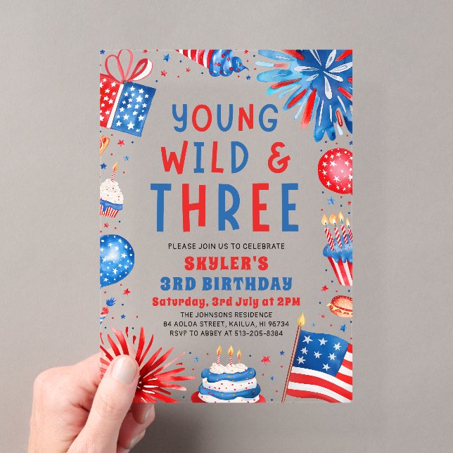 Invitations En Acrylique Young Wild et Three 4 Juillet 3 Anniversaire (In situ (ordinateur de poche))