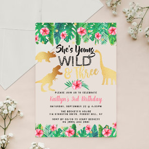 Invitations En Acrylique Young Wild & Three Dinosaur Girls 3e anniversaire