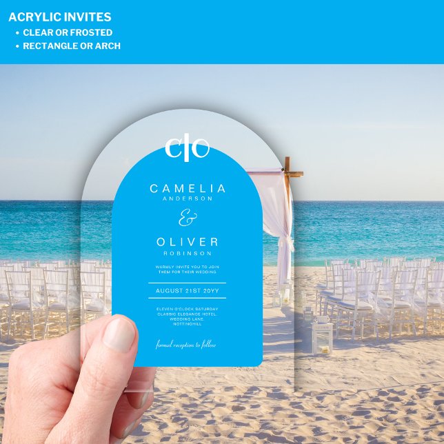 Invitations En Acrylique Zazzle Mariage acrylique Sky Blue White Text Arche (Créateur téléchargé)