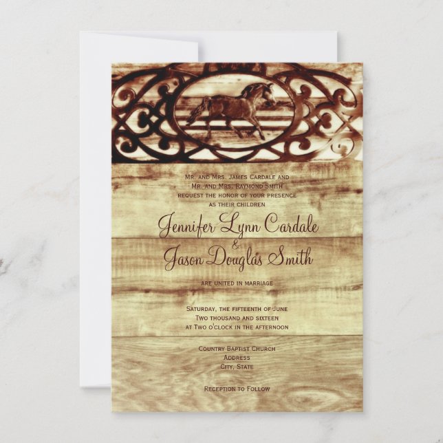 Invitations en bois de mariage de cheval de grange (Devant)