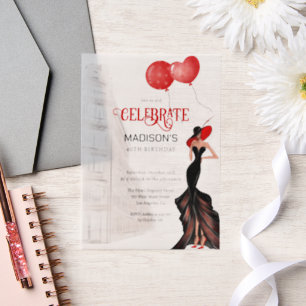 Invitations En Vélin Anniversaire De L'Élégante Dame Et Des Ballons