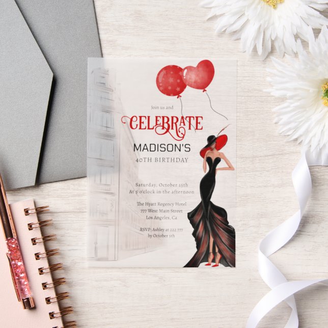 Invitations En Vélin Anniversaire De L'Élégante Dame Et Des Ballons (Mariage)