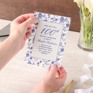 Invitations En Vélin Antique Vintage bleu floral 100e anniversaire