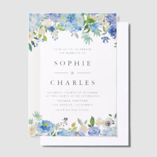 Invitations En Vélin Aquarelle Blue Hydrangea Floral Garland Mariage