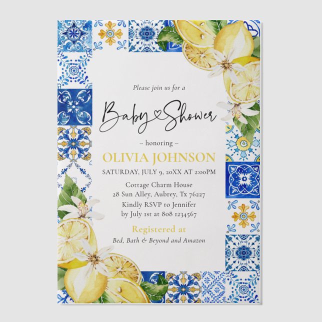 Invitations En Vélin Aquarelle Carrelage bleu Citrons Baby shower itali (Recto)