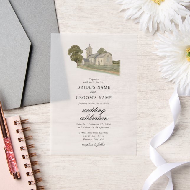 Invitations En Vélin Aquarelle Eglise traditionnelle Monogramme Mariage (Mariage)