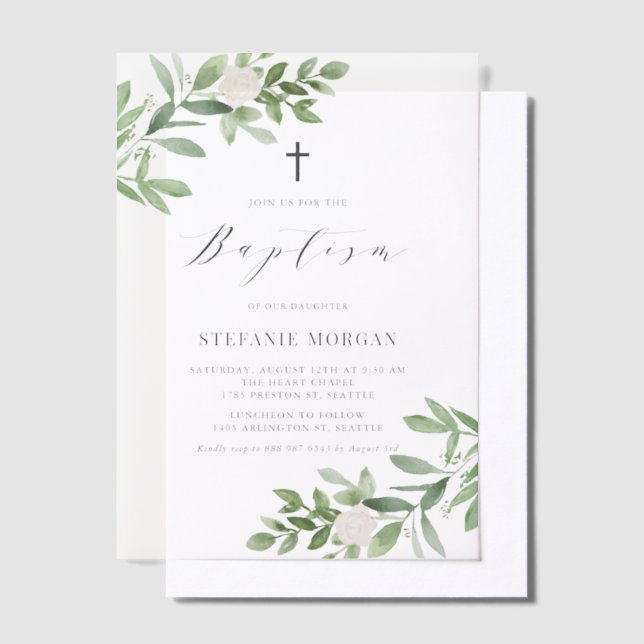 Invitations En Vélin Aquarelle Fleurs blanches et Baptême de verdure (Compenser)