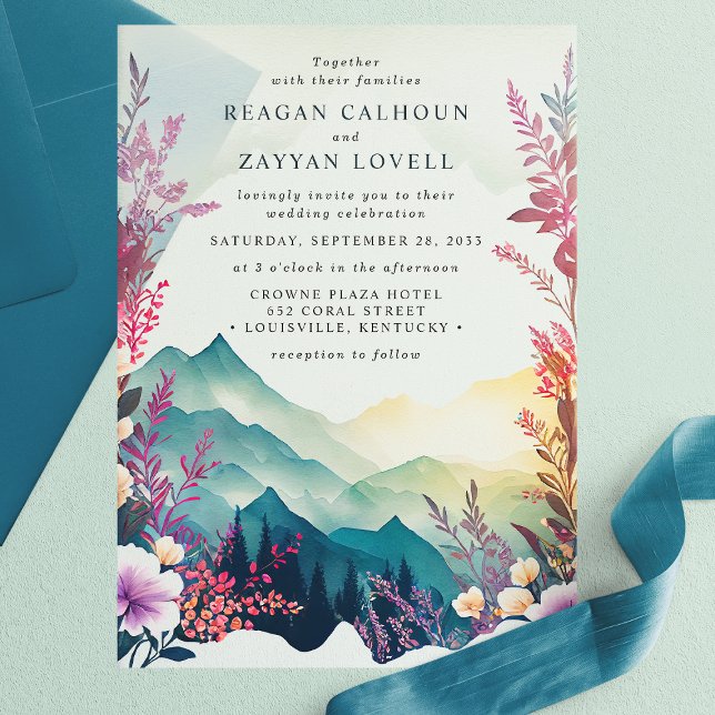 Invitations En Vélin Aquarelle Floral Spring Mountains Mariage (Créateur téléchargé)