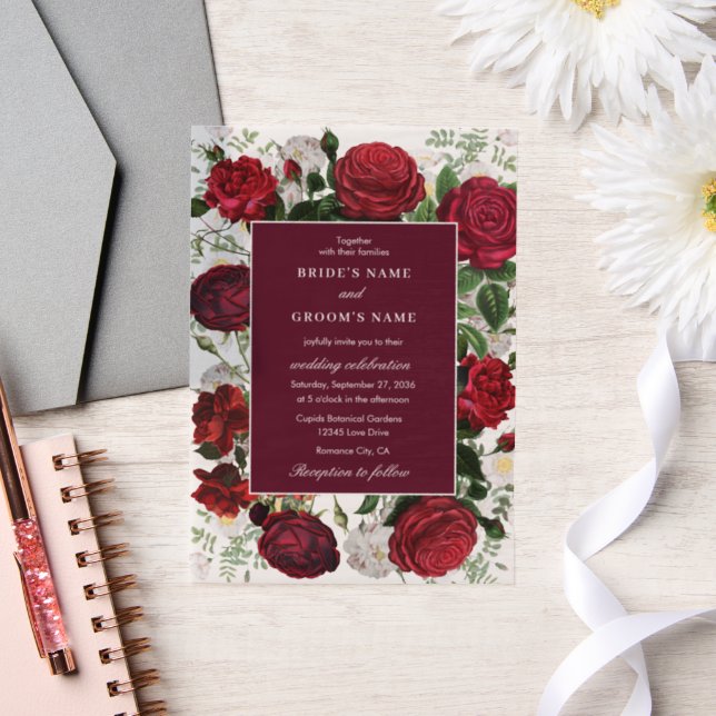 Invitations En Vélin Aquarelle florale bourguignonne moderne Mariage él (Mariage)