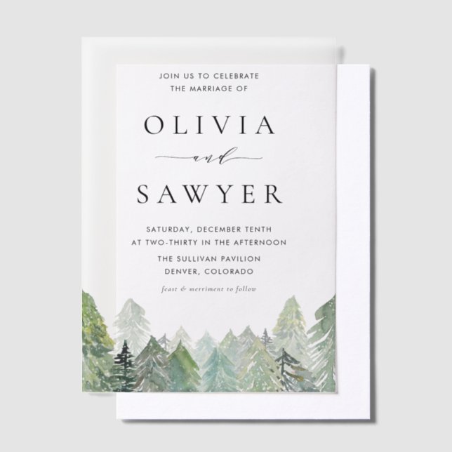 Invitations En Vélin Aquarelle neige Evergreens Mariage d'hiver (Compenser)