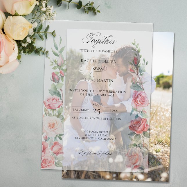 Invitations En Vélin Aquarelle romantique Roses roses roses et calligra (Créateur téléchargé)