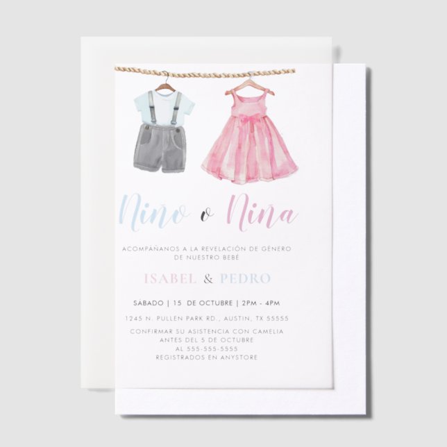 Invitations En Vélin Aquarelle Vêtements de bébé espagnol Révélation de (Compenser)