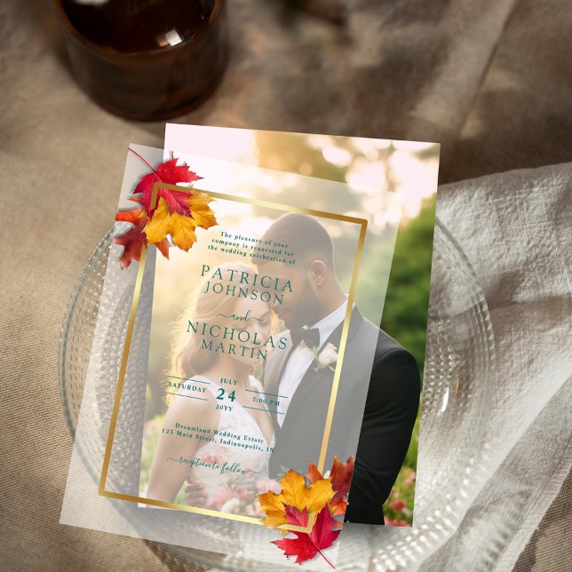 Invitations En Vélin Automne Feuilles Rustique Golden Frame Automne Mar (Créateur téléchargé)