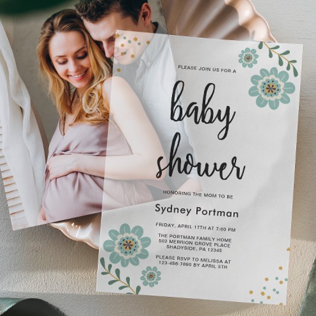 Invitations En Vélin Baby shower Floral Bleu Doux et Confetti (Créateur téléchargé)