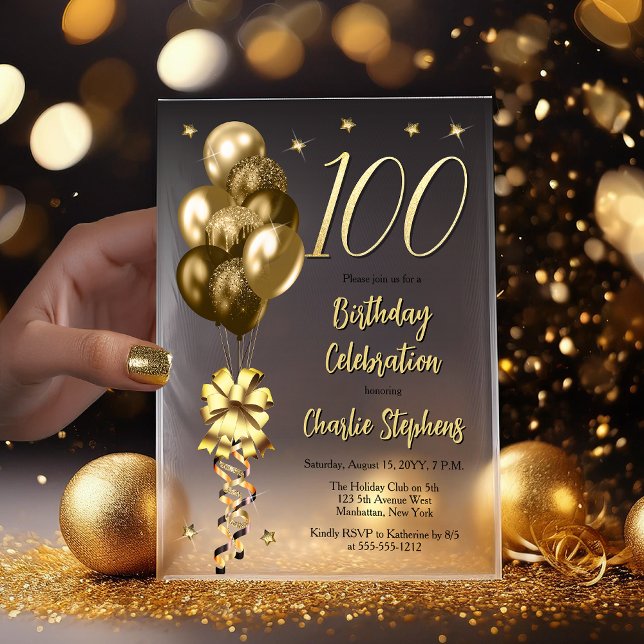 Invitations En Vélin Ballons d'or élégant sur Black 100 Anniversaire Pa (Elegant Faux Gold Glitter Accented Balloons - Fade to Black Backing 100th Birthday Vellum Invitation)