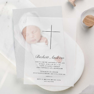 Invitations En Vélin Baptême Croix Simple en Or Script