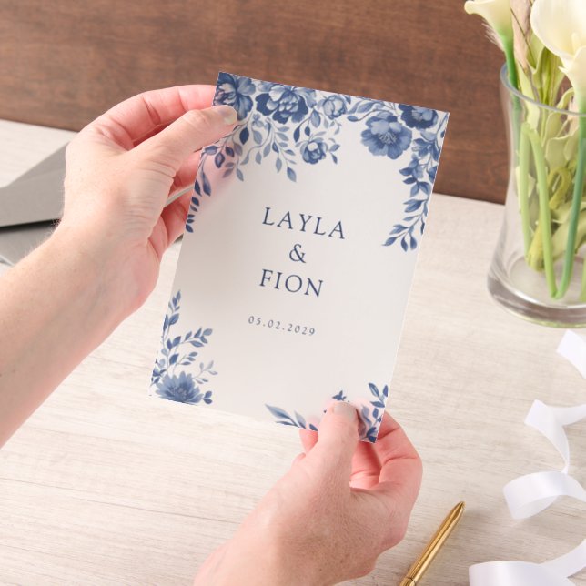 Invitations En Vélin Beau cadre Floral Bleu (Ordinateur de poche)