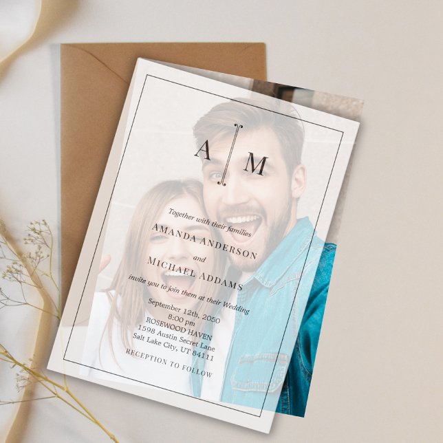 Invitations En Vélin Black White Monogram Minimal Simple Border Wedding (Créateur téléchargé)