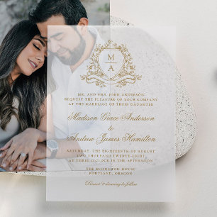 Invitations En Vélin Blason Floral Doré Élégant Monogramme de Mariage