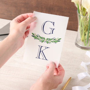 Invitations En Vélin Bleu Floral Berry Sprigs Monogramme Superposition 