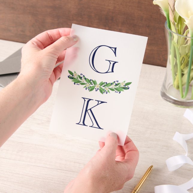Invitations En Vélin Bleu Floral Berry Sprigs Monogramme Superposition  (Ordinateur de poche)